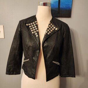 Vintage SELE Faux Leather Jacket Short Studded Lapels Open Front Black Medium